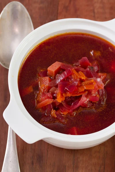 Beet soup in white bowl — Stock Photo, Image