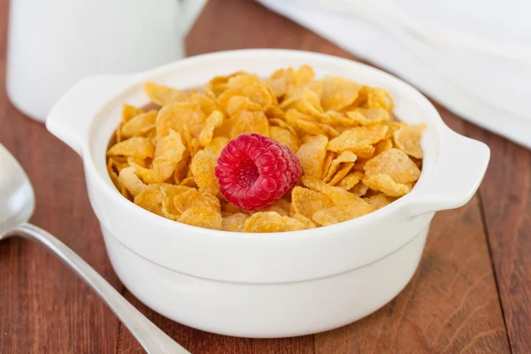 Flakes with raspberry in white bowl — Stock Photo, Image