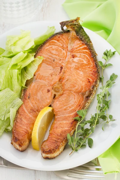Salmon with salad on the white plate — Stock Photo, Image