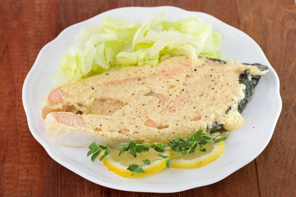 Salmon with sauce and salad — Stock Photo, Image