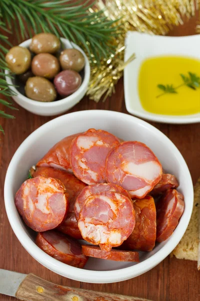 Chourico with olives and oil — Stock Photo, Image