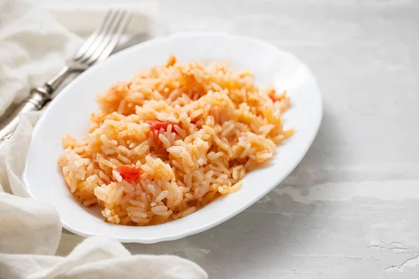 Boiled Rice Tomato Spices White Dish Ceramic — Stock Photo, Image