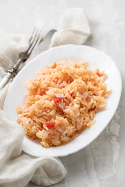 Boiled Rice Tomato Spices White Dish Ceramic — Stock Photo, Image