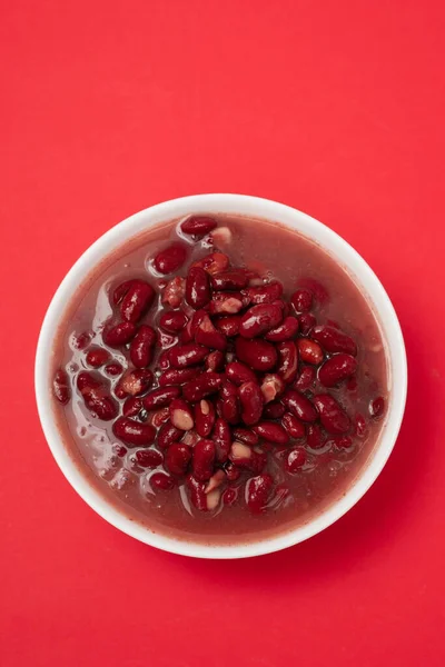 Boiled Red Beans Small White Bowl Red Paper — 图库照片