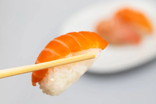 Assorted Sushi Small White Dish One Stick Macro — Stock Photo, Image