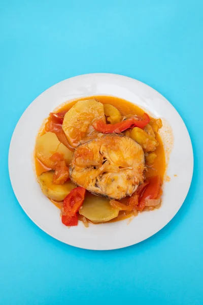 Typical Portuguese Fish Stew White Plate Blue — Stock Fotó