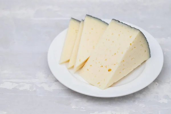 Slices Cheese White Small Plate Gray Ceramic — Foto de Stock