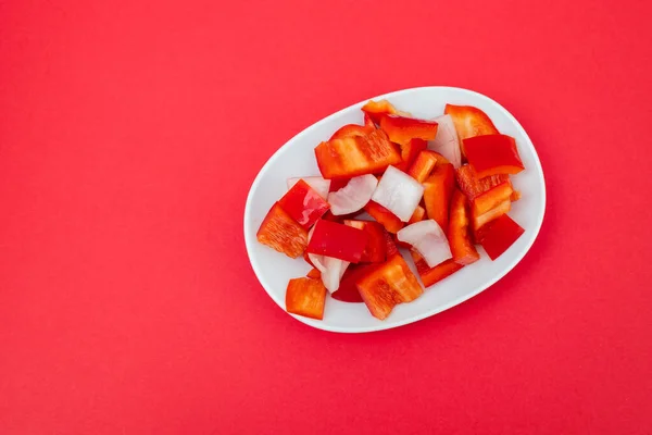 Fresh Red Sweet Pepper Onion White Dish — Fotografia de Stock
