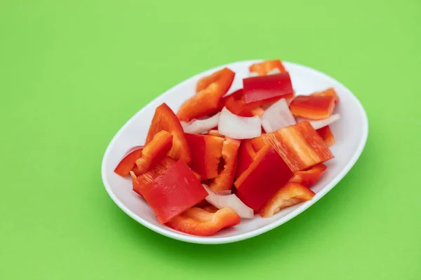 Fresh Red Sweet Pepper Onion White Dish — Stockfoto