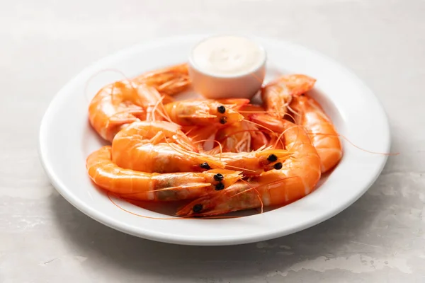 Boiled Fresh Whole Shrimps Sauce Small Bowl White Plate Blue — Stock Photo, Image