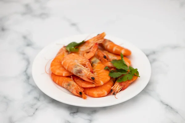 Few Boiled Fresh Shrimps Parsley White Small Dish — Stock Photo, Image