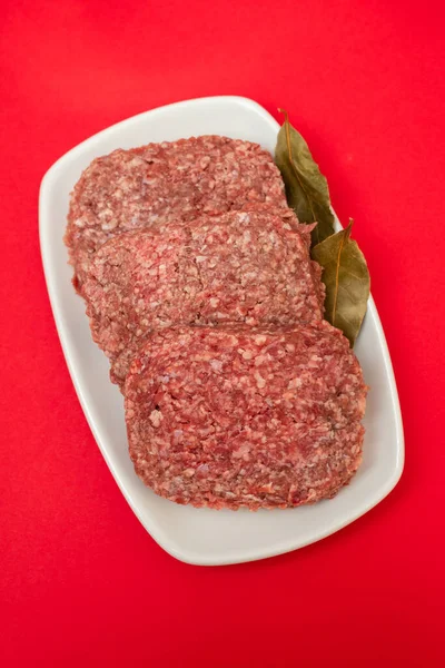 Fresh Raw Minced Meat White Big Dish Bay Leaf Red — Stock Photo, Image