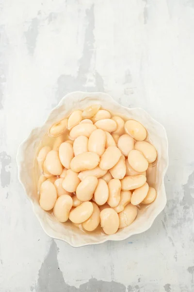 Boiled Big White Beans Sauce White Bowl Ceramic — Stock Photo, Image