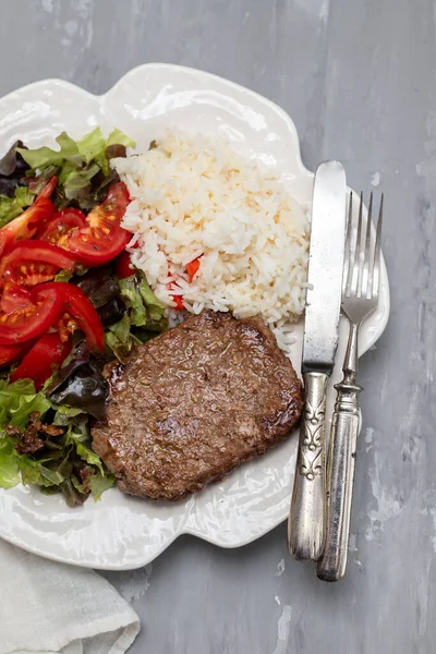 Three Fried Ground Meat Fresh Salad Boiled Rice White Plate — Stock Photo, Image