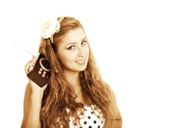 Pin-up-Girl mit Retro-Radio, getönt im Retro-Stil — Stockfoto