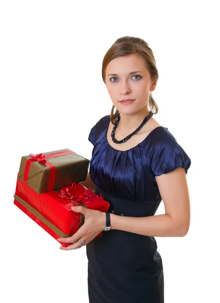 Young business woman with gifts — Stock Photo, Image