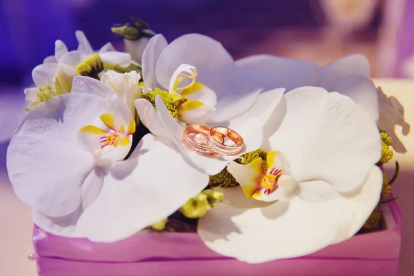 Snubní prsteny v kytice orchidejí — Stock fotografie