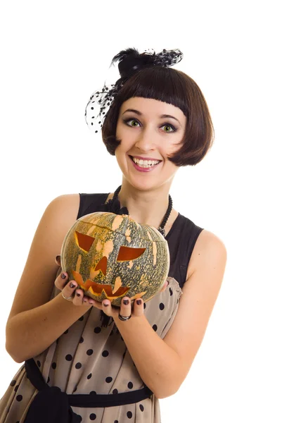 Beautifuk witch with pumpkin — Stock Photo, Image