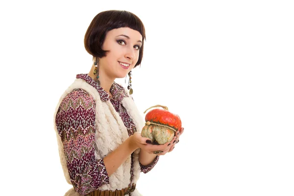 Beautiful woman with pumpkin. — Stock Photo, Image