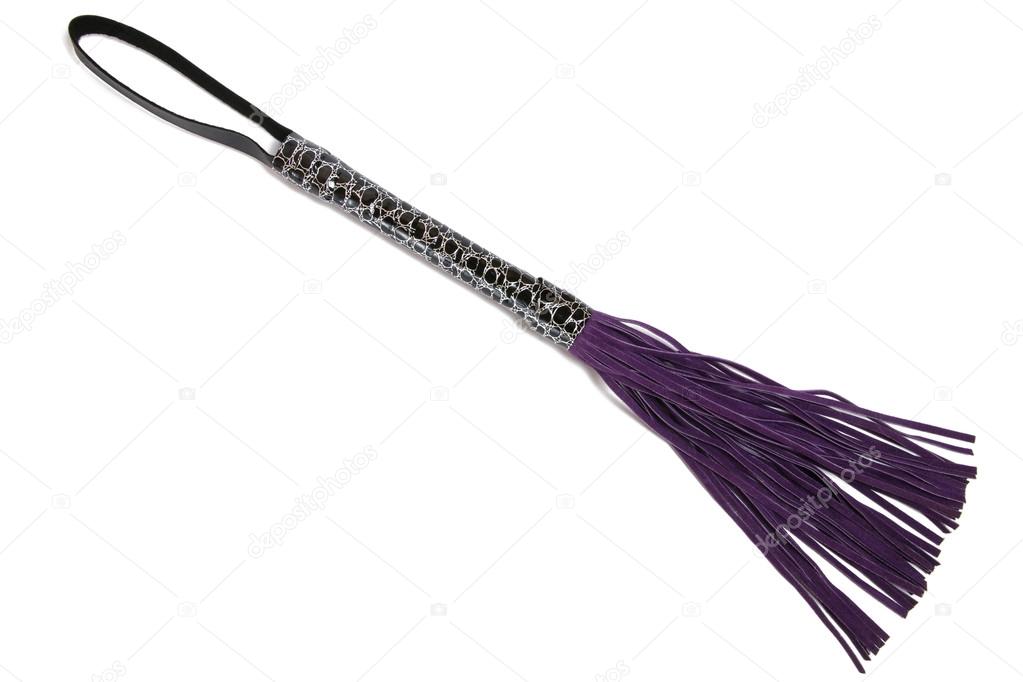 Purple leather fetish whip on white