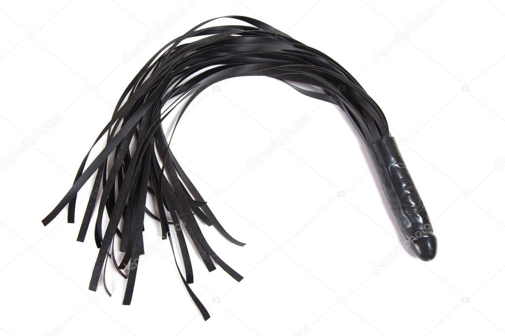 Black leather whip with penis grip