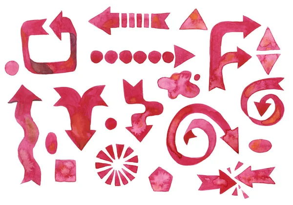 Rysunki Akwareli Strzałek Symboli Kolorze Czerwonym Różnych Kształtach Rozmiarach — Zdjęcie stockowe