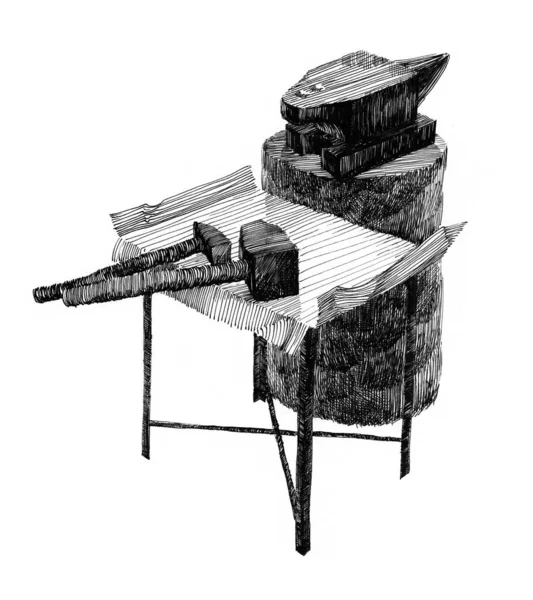 Pen Ink Drawing Depicting Blacksmith Tools Anvil Hammers Iron Table — Stock Photo, Image