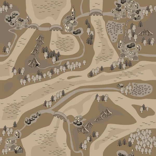 用城市 森林和道路来模拟古老的黑色地图的无缝模式样本 — 图库矢量图片#