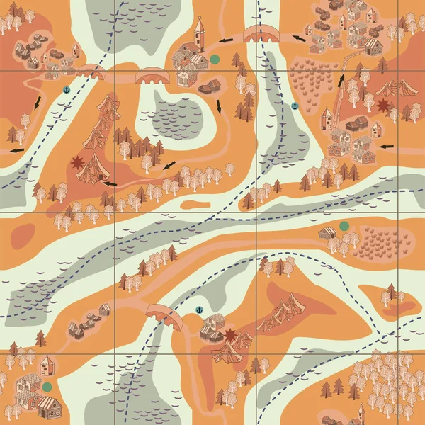 A sample of a seamless pattern that simulates a map from an adventure story. Rivers, villages, mountains and an arrowed path.