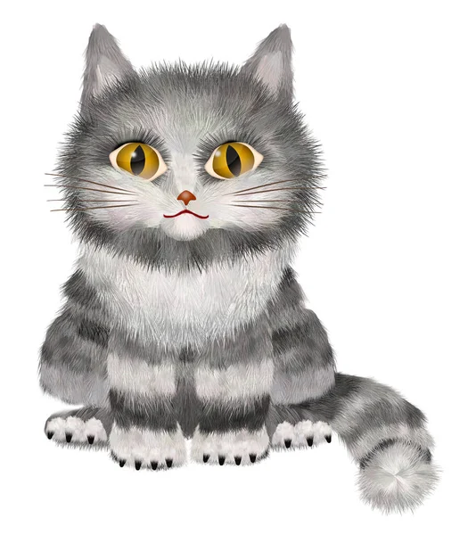 Drawing Image Gray Fluffy Tabby Kitten Isolated White Background Made — Stock Photo, Image