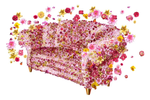 Promotional Image Soft Sofa Flowers Surrounded Flowers Flying Air Isolated — стоковое фото