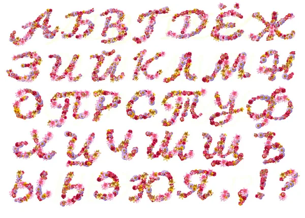 Alfabeto Cirílico Com Letras Cursivas Composto Por Muitas Flores Inflorescências — Fotografia de Stock
