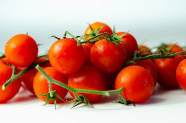 Su damlalarıyla kaplı, beyaz arka planda filiz bulunan taze domatesler, sebzeler.