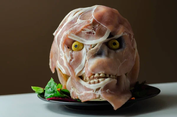 Comida Criativamente Preparada Forma Crânio Assustador Uma Comida Divertida Interessante — Fotografia de Stock
