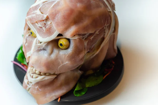 Comida Criativamente Preparada Forma Crânio Assustador Uma Comida Divertida Interessante — Fotografia de Stock