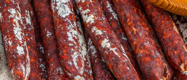 Typical Spanish Sausages Lying Village Stall Food Market Traditional Meat — Stock Photo, Image