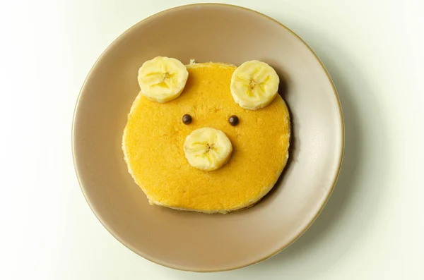 Kreativní Jídlo Pro Dítě Palačinka Banánem Čokoládou Obličeji Malý Medvědí — Stock fotografie