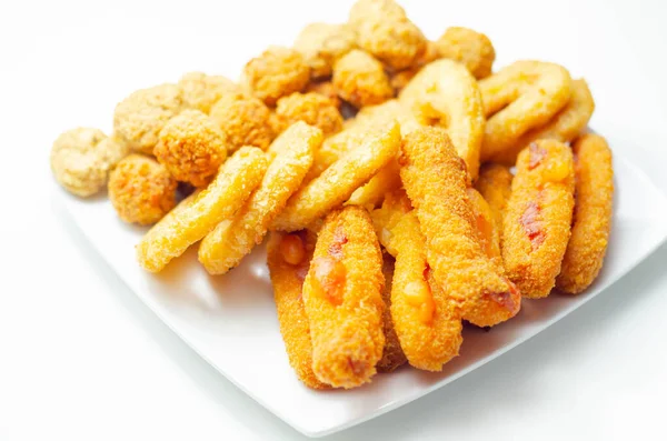 Southern Fried Roast Chicken Bites Onion Rings Mozzarella Stick Served — Stock Photo, Image