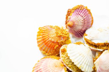 St. Jacques mantarı, Patagonya deniz tarağı ile dolu doğal deniz tarağı kabukları ve üzerine ciabatta ekmek kırıntısı sosu, özel yemek.