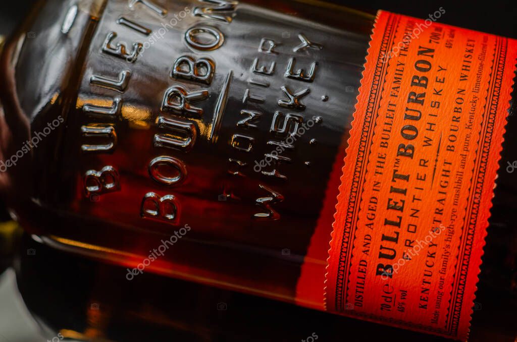 LONDON, UNITED KINGDOM - JANUARY 24, 2022 Bulleit Bourbon, a unique blend of rye, corn, and barley malt,  and pure Kentucky limestone filtered water, exquisite American whiskey
