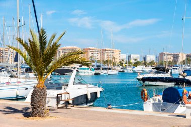 İspanya 'nın turistik sahil kasabasında lüks yatları ve motorlu tekneleri olan güzel bir marina.