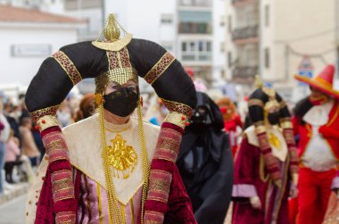 NERJA, İspanya - 26 Şubat 2022 Malaga bölgesindeki ünlü bir kasabanın sakinleri tarafından düzenlenen Renkli Karnaval Geçidi