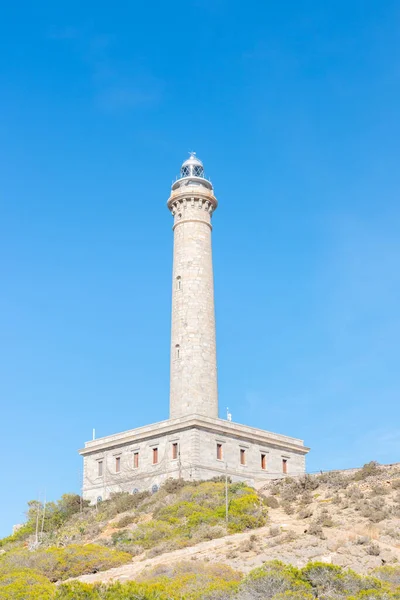 CABO DE PALOS, SPAIN - 07 FEBRUARY 2019 1864 yılında inşa edilen Murcia bölgesindeki en önemli deniz feneri, 1 Temmuz 2002 'de, Cartagena' daki Cabo de Palos 'ta kayalık bir burunda yer almaktadır.