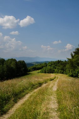 Hiking trail in the mountains highlands. Beautiful views of the mountains in the summer. Green trees and beautiful cloudy sky.