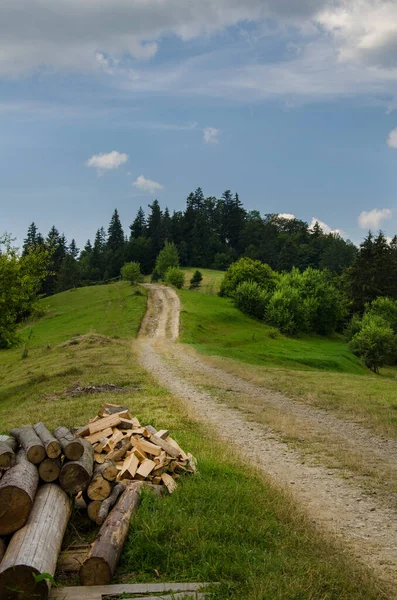 Hiking trail in the mountains highlands. Beautiful views of the mountains in the summer. Green trees and beautiful cloudy sky.