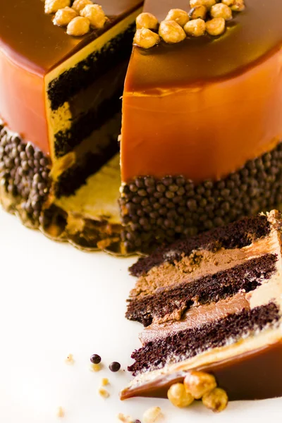 Chocolate, Hazelnut, and Caramel Cake — Stock Photo, Image