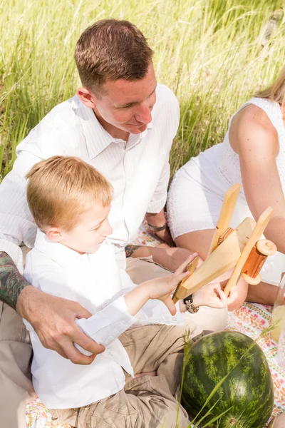 Baba ve oğul aile yaz piknik — Stok fotoğraf