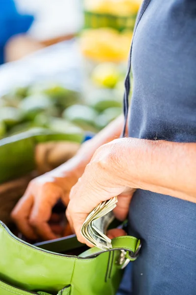Woman  with money at market — Stock Photo, Image