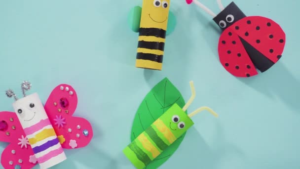 Papercraft Project Colorful Bugs Made Out Empty Toilet Rolls — Stock Video