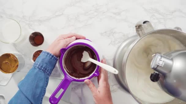 Step Step Preparing Homemade Chocolate Ice Cream Standing Kitchen Mixer — Stock Video
